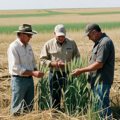 Three farmers examining wheat field