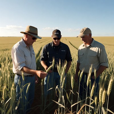 Farmers examining wheat in field