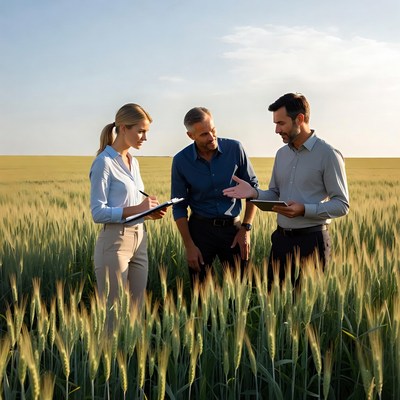 Business professionals discussing in wheat field