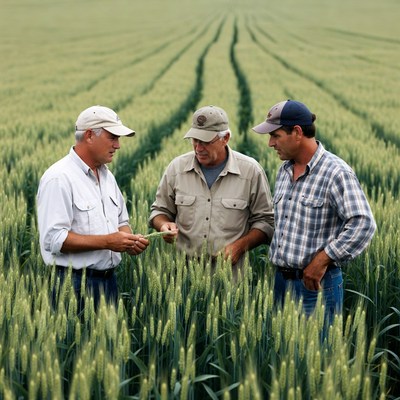 Three farmers examining wheat field