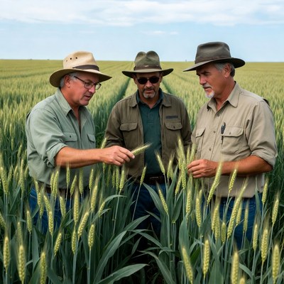 Three farmers examining wheat field