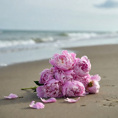 Pink peonies bouquet on beach