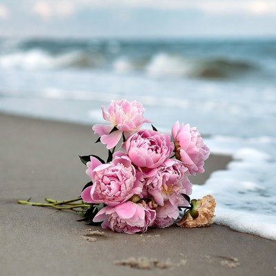 Pink peonies bouquet on beach