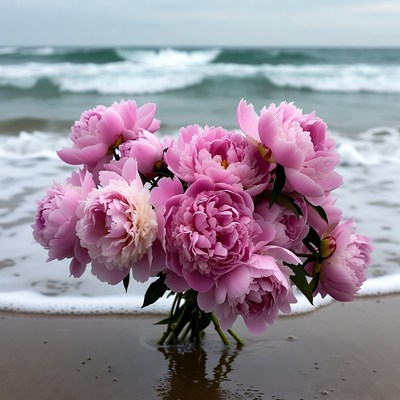 Pink peonies bouquet on beach