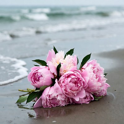 Pink peonies bouquet on beach