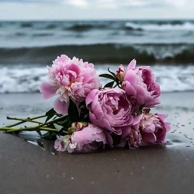 Pink peonies on beach sand