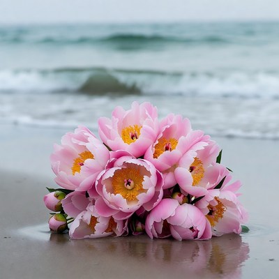 Pink peonies bouquet on beach