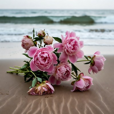 Pink peonies bouquet on beach sand
