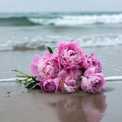 Pink peonies on beach sand
