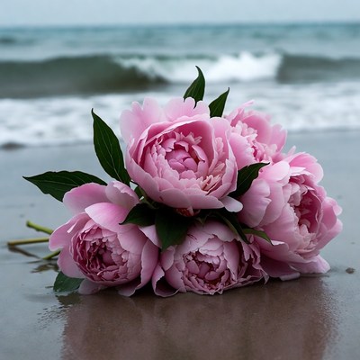 Pink peonies on beach