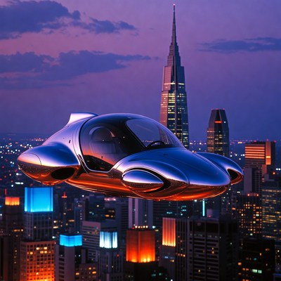 Futuristic Flying Car Over City Skyline