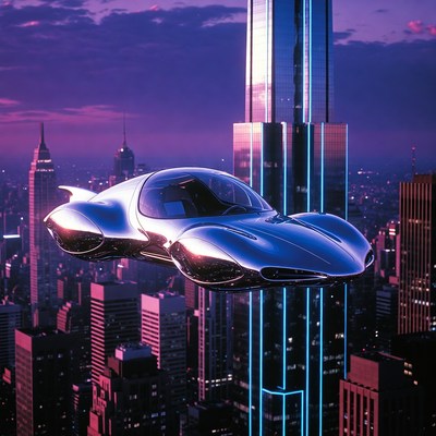 Futuristic Flying Car Over City