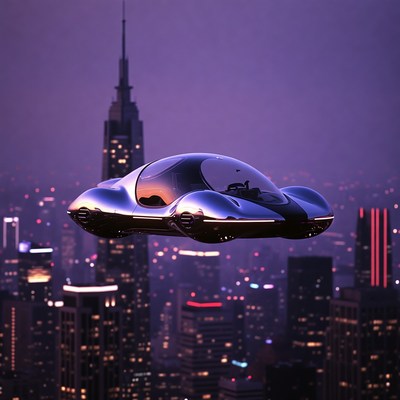 Futuristic Flying Car Over City