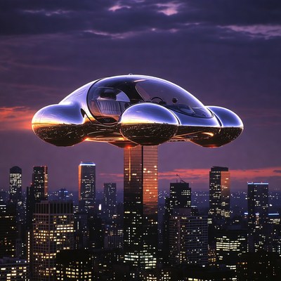 Futuristic Flying Car on Skyscraper