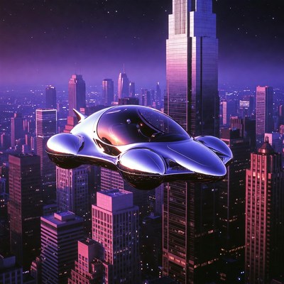 Futuristic Flying Car Over City Skyline