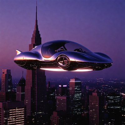 Futuristic Flying Car Over Skyscrapers