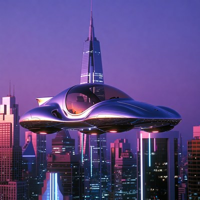 Futuristic Flying Car Over Skyscrapers