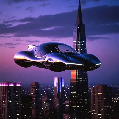 Futuristic Flying Car over City Skyline