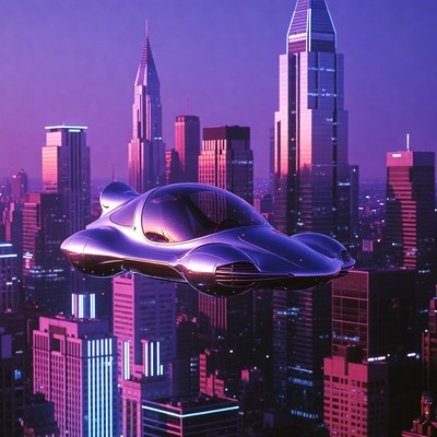 Futuristic Flying Car Over City