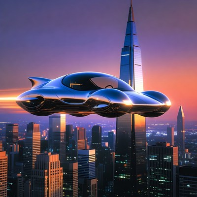 Futuristic Flying Car Over Skyscrapers