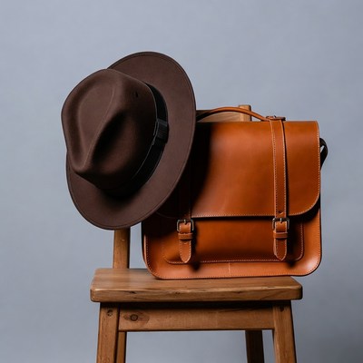Brown Fedora Hat and Leather Satchel