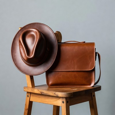 Brown Leather Fedora Hat and Satchel on Chair