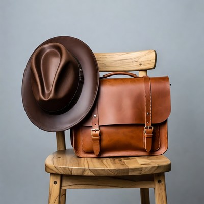 Brown Leather Hat and Satchel on Chair