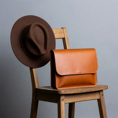 Brown Hat and Leather Bag on Chair