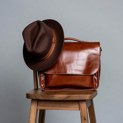 Brown Fedora Hat on Leather Briefcase