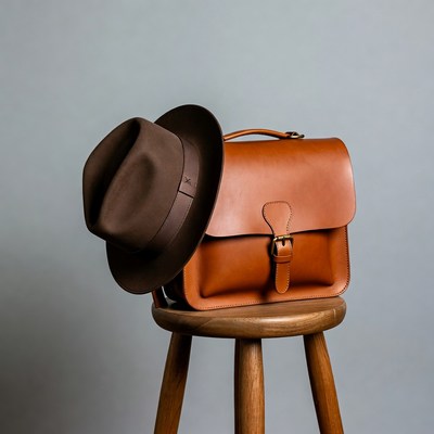Brown Fedora Hat on Leather Satchel