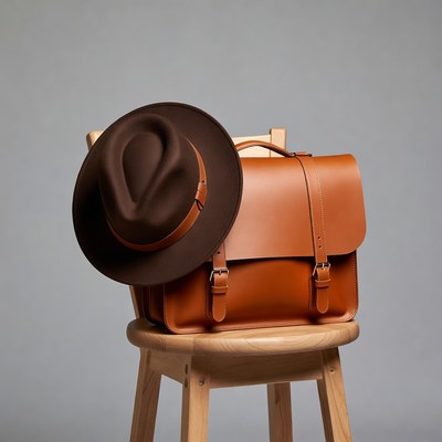 Brown Fedora Hat on Leather Satchel