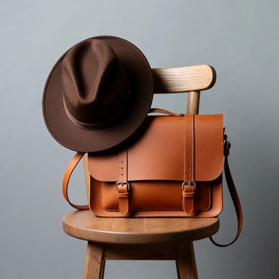 Brown Fedora Hat on Leather Satchel