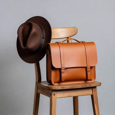 Brown Leather Satchel and Fedora on Chair
