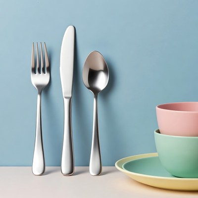 Silver Fork Knife Spoon on Blue Background