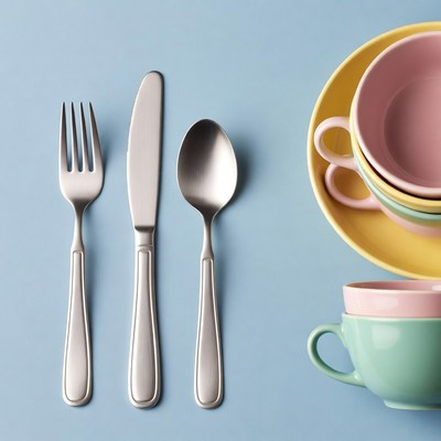 Silver Cutlery and Colorful Cups on Blue Background