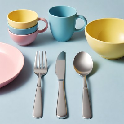 Colorful Dishes Utensils on Blue Background