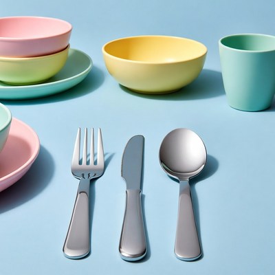 Colorful kids plastic plates bowls utensils
