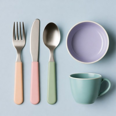 Colorful cutlery bowl mug flatlay