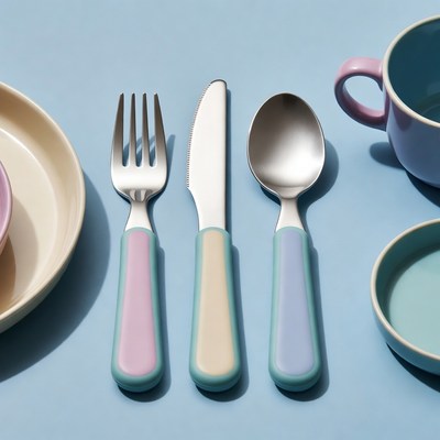 Colorful baby cutlery and dishes
