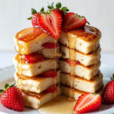 Stack of Pancakes with Strawberries and Syrup