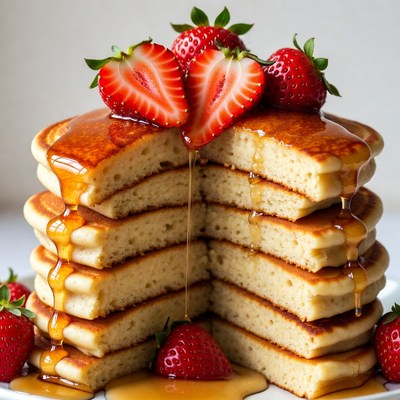 Stack of Pancakes with Strawberries and Syrup