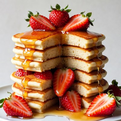 Stack of Pancakes with Strawberries and Syrup