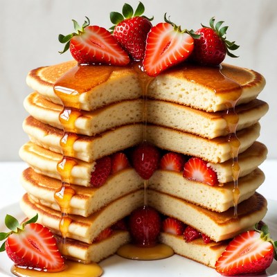 Pancake Stack with Strawberries and Syrup