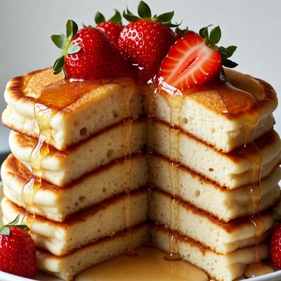 Stack of Pancakes with Strawberries and Syrup