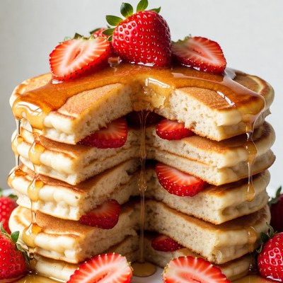 Stack of Pancakes with Strawberries and Syrup