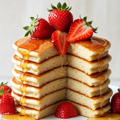 Stack of Pancakes with Strawberries and Syrup