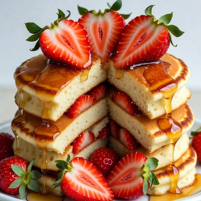 Pancakes with Strawberries and Syrup