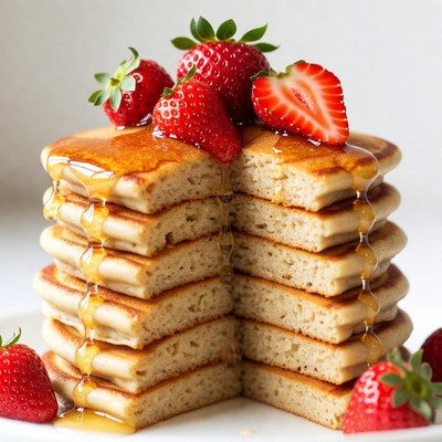 Stack of Pancakes with Strawberries and Syrup