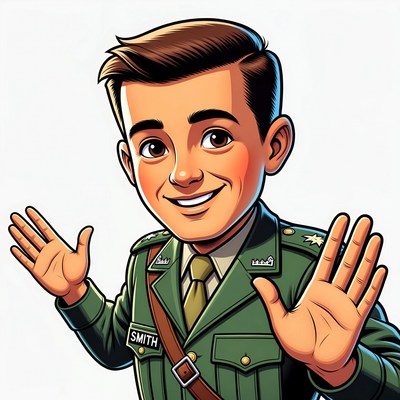 Cartoon soldier saluting with hands raised