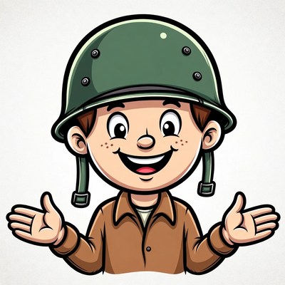 Cartoon boy in helmet spreading arms